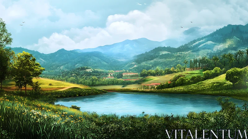 Quiet lakeside valley under soft blue mountain horizons.