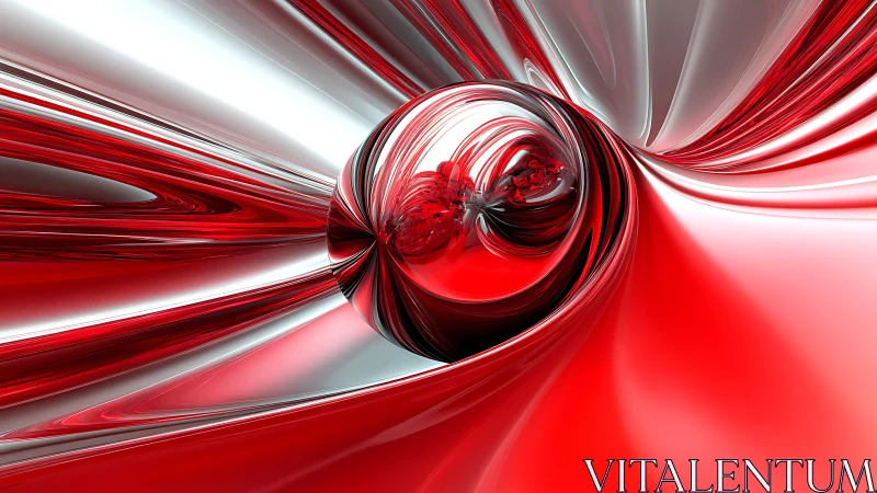 Red and Silver Abstract Swirl with Spherical Centerpiece, Digital Art.