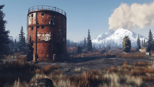 Rust-red fuel tower watching over quiet winter mountains.