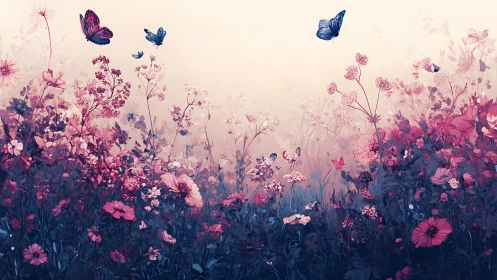Floral Field with Butterflies: Digital Landscape Composition.