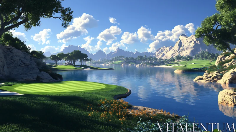 Lakeside mountain golf course under clear blue sky.