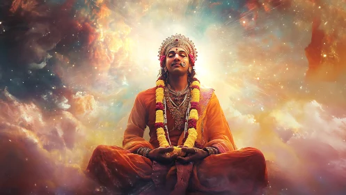 Divine meditator radiates serene light within cosmic clouds