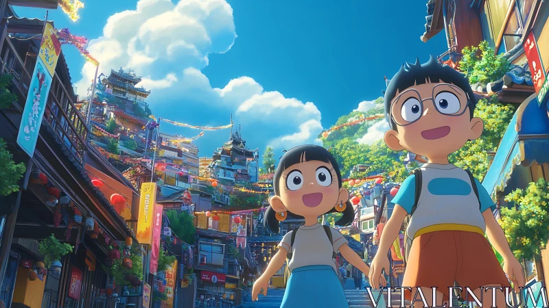 Joyful kids explore a colorful hillside festival street.