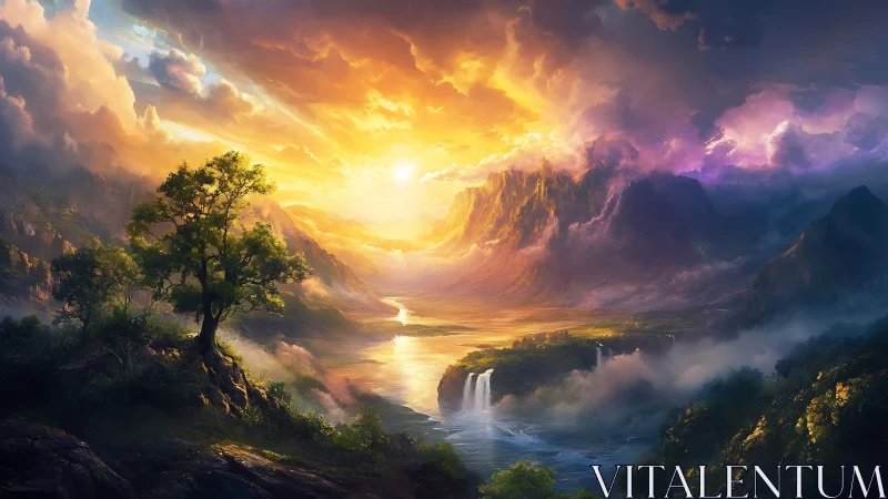 Radiant fantasy valley with cascading waterfalls at sunrise