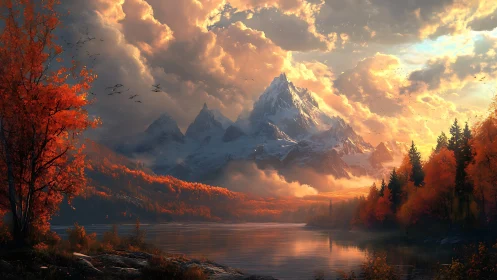Digital painting of autumn alpine lake under dramatic sky.