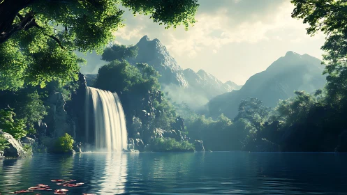 Sunlit cascade pours into a misty alpine forest lagoon