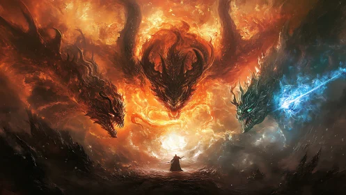 Sorcerer confronts three elemental dragon titans in blazing sky.