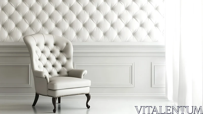 Tufted ivory armchair in bright neoclassical interior.