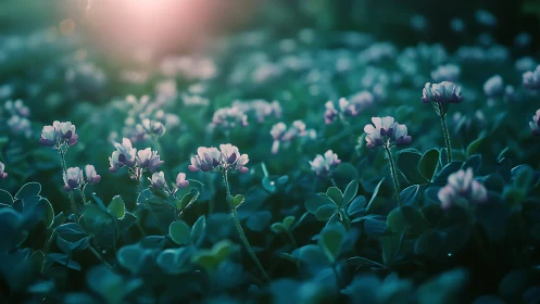 Small Pink Flowers in Golden Sunrise Light