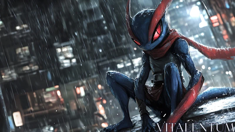 Anthropomorphic amphibian figure on wet urban rooftop at night.