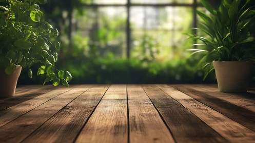 Sunlit wooden tabletop with potted foliage and soft depth blur