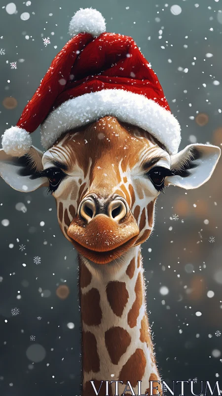 Giraffe wearing red Santa hat in light falling snow.
