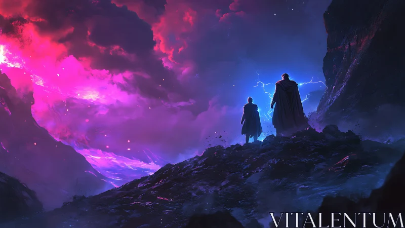 Two cloaked figures stand on rocky terrain under neon clouds