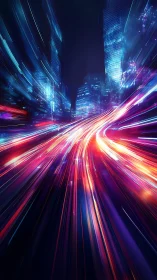 Neon light trails warp through futuristic skyscraper canyon at speed