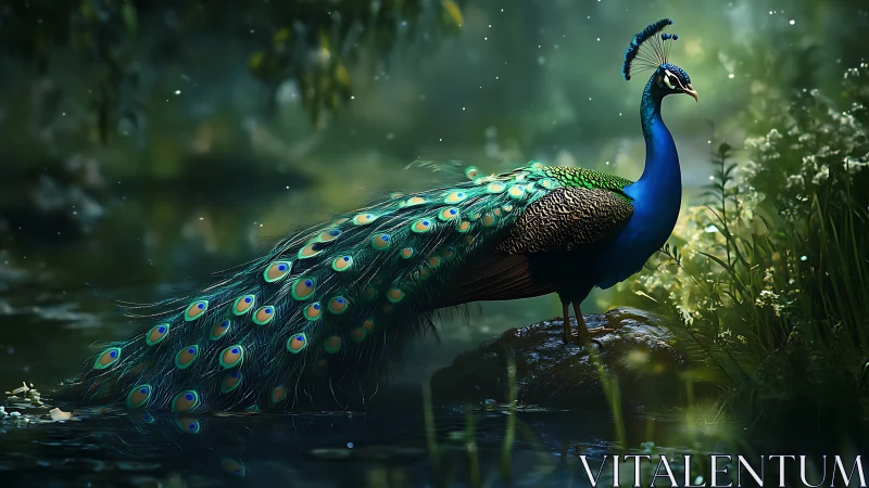 Iridescent peacock stands on river rock in luminous forest
