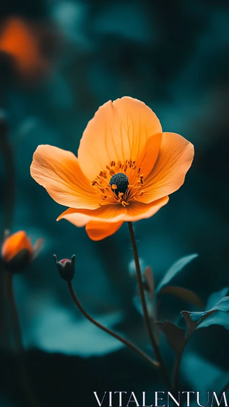 Vibrant Orange Poppy with Dark Stamen Against Teal Background.