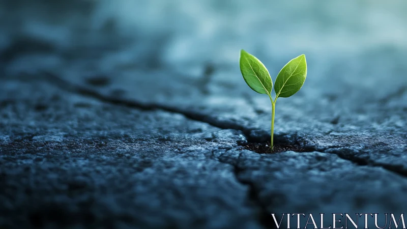 Macro closeup of green seedling emerging through cracked asphalt