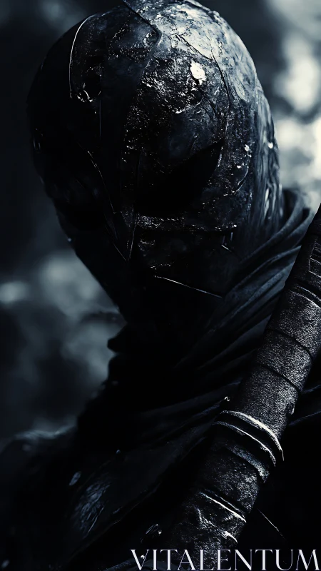 Stealth combat figure in weathered armored cowl, low key