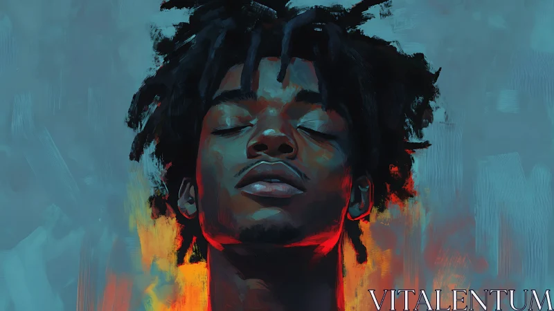 Portrait of serene man in vivid cyan and orange digital painting