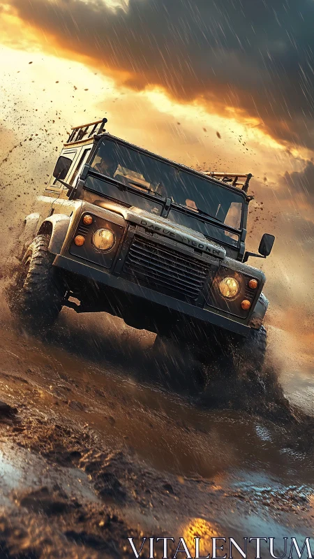 Off-road 4x4 powers through storm-lit mud trail.