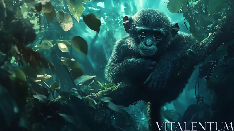 Backlit young monkey rests on mossy branch in dense teal jungle