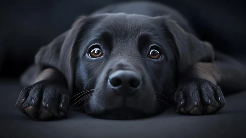 Soft-eyed black puppy dreaming in inky velvet shadows.