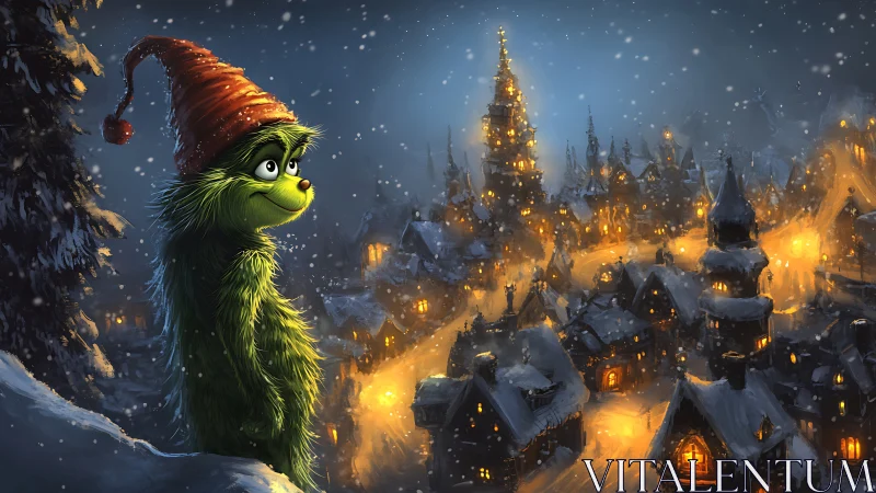 Furry green misfit overlooks glowing snowbound Christmas town.