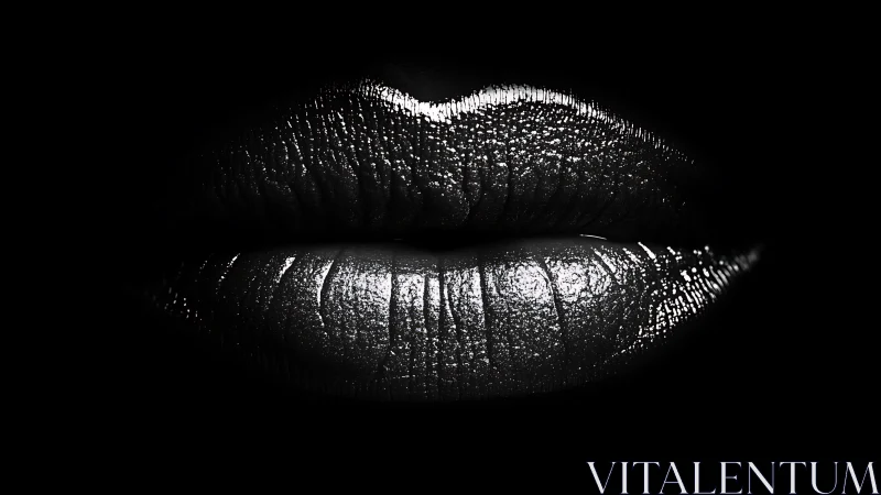 Black and white close-up of glossy lips in darkness.