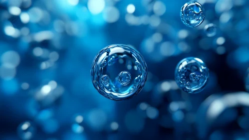 Macro closeup of translucent blue liquid bubbles in motion