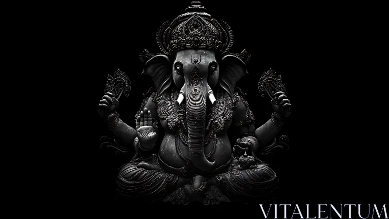 Ornate dark Ganesha sculpture in dramatic side lighting.