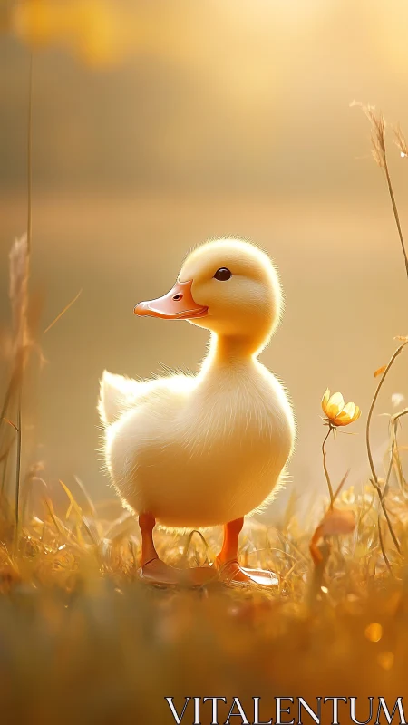 Yellow duckling standing in golden backlit meadow scene.