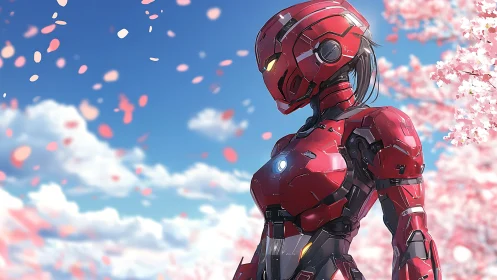 Gentle red mecha heroine under drifting cherry blossoms.