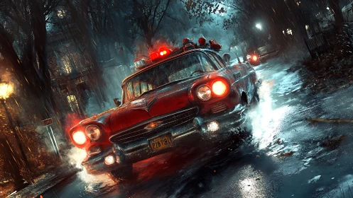 Vintage red emergency car races through stormy night streets.