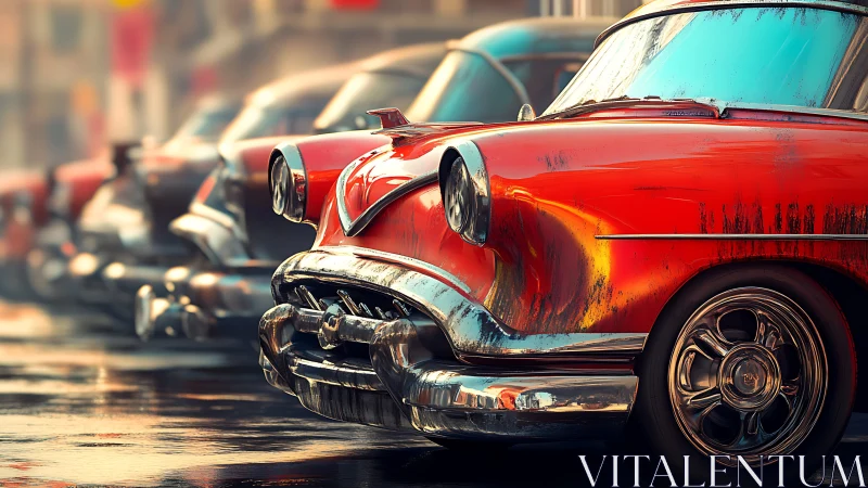 Weathered red classic car rendered in detailed street scene
