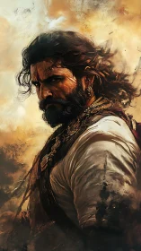 Warrior portrait rendered in dynamic painterly digital strokes