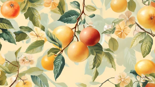 Citrus branches show warm gradient lighting and layered foliage depth