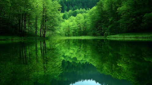 Lush green forest reflected in a calm lake, tranquil nature scene.