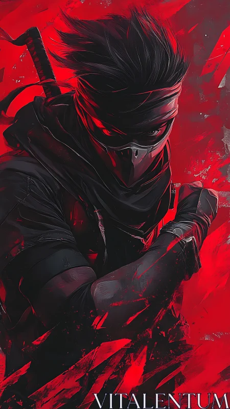 Masked cyber ninja in dynamic red kinetic splatter field.