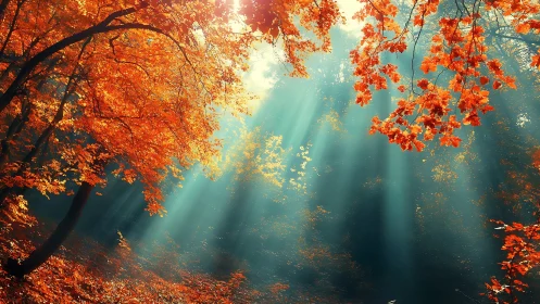 Autumn Forest with Sunlight Rays Through Orange Foliage