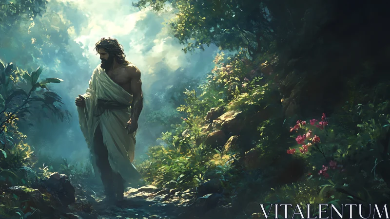Robe-wrapped man walks through dense sunlit forest path