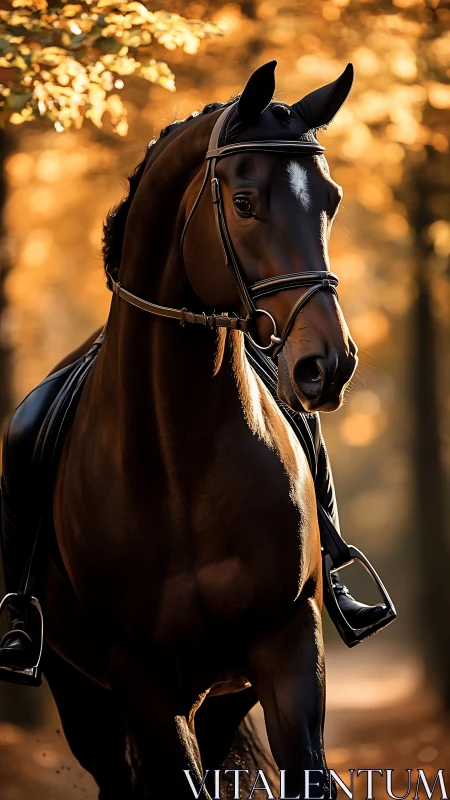 Sunlit dressage stallion carves molten gold from autumn air