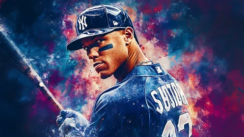 Digital portrait of baseball batter in navy uniform, bat poised