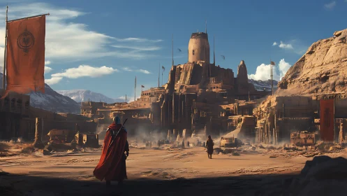 Cloaked figures approach fortified desert settlement on plain