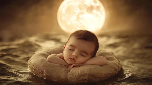 Sleeping infant positioned on rock with full moon backdrop