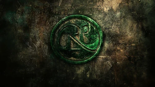 Weathered green emblem glows warmly on a textured wall