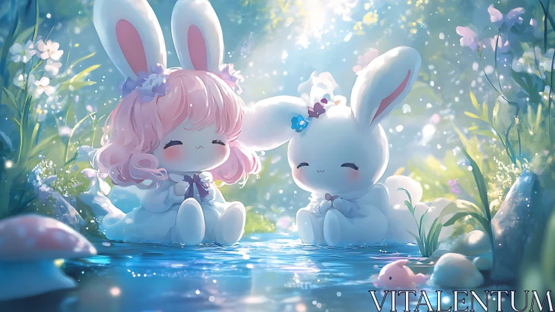Chibi bunny characters resting beside reflective forest stream