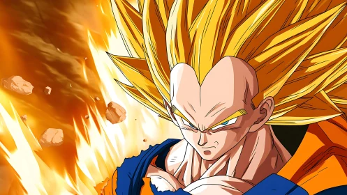 Blazing warrior locks focus as golden energy storms upward