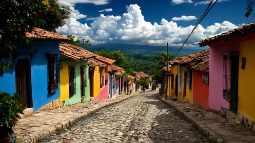Cobbled downhill street with colorful plastered houses.