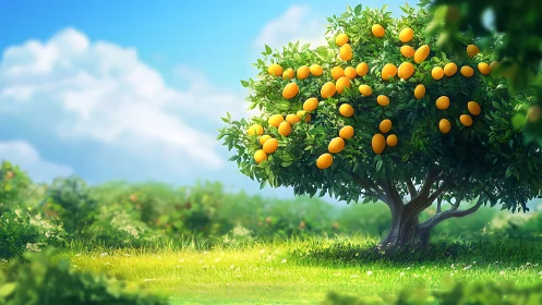Sunlit lemon tree in lush orchard meadow under blue sky