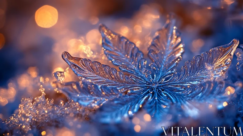 Glistening ice leaf resting in a dreamy winter glow.